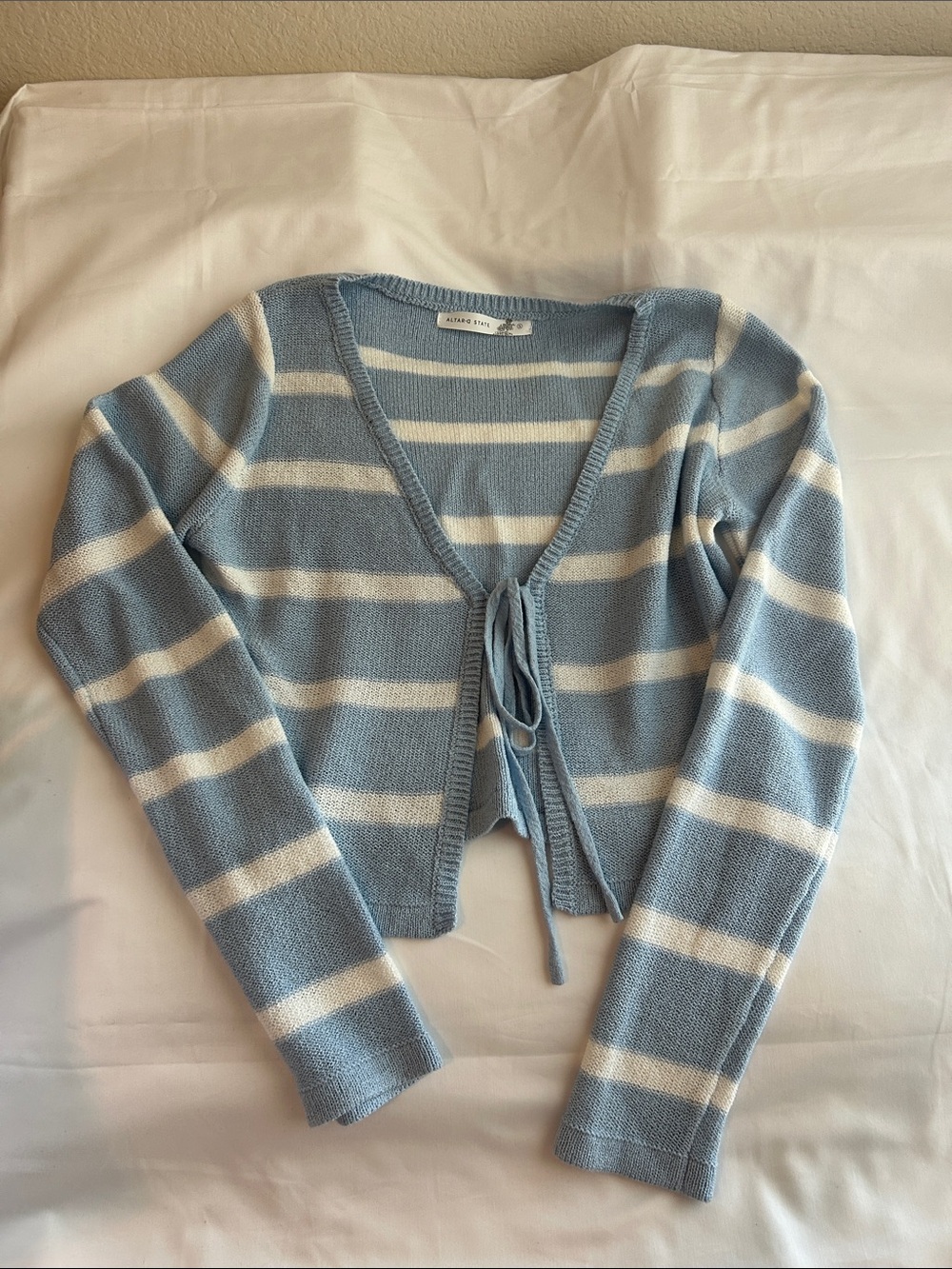 Altar'd State Light Blue & White Striped Tie-Front Crop Cardigan